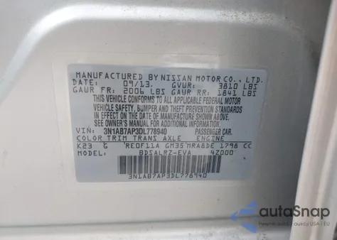 2013 Nissan Sentra S/Sv/Sr/Sl z USA, uszkodzony, nr VIN 3N1AB7AP3DL778940